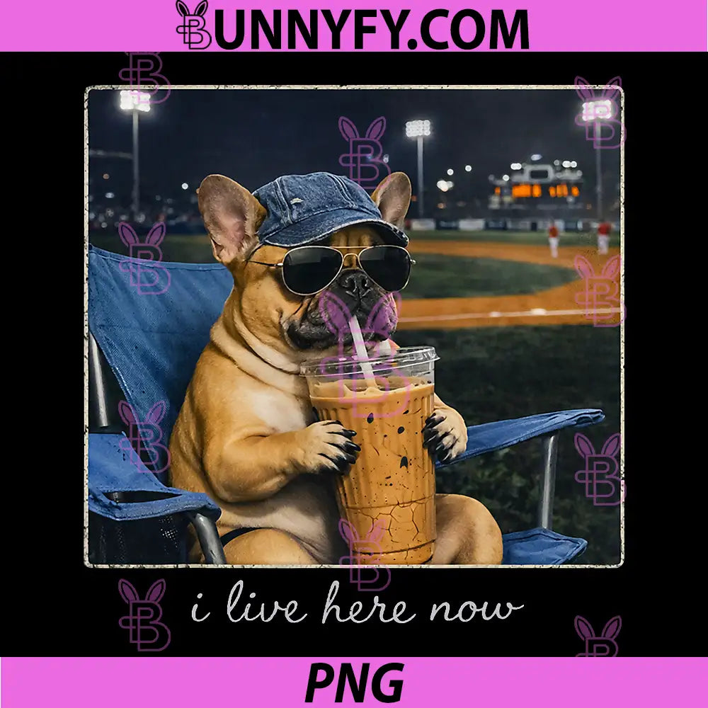 I Live Here Now Funny PNG, French Bulldog Baseball Chill Humor PNG