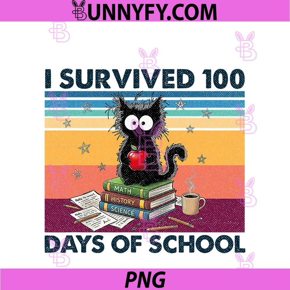 I Survived 100 Days Of School PNG, Black Cat Meme Teacher & Kids PNG