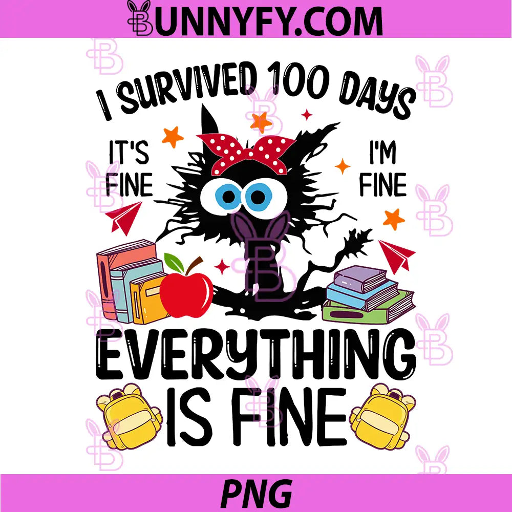 I Survived 100 Days Of School Teacher & Kids PNG, Funny Cat PNG
