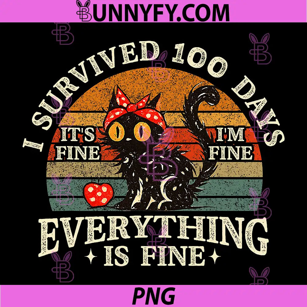 I Survived 100 Days of School PNG, Black Cat Meme PNG