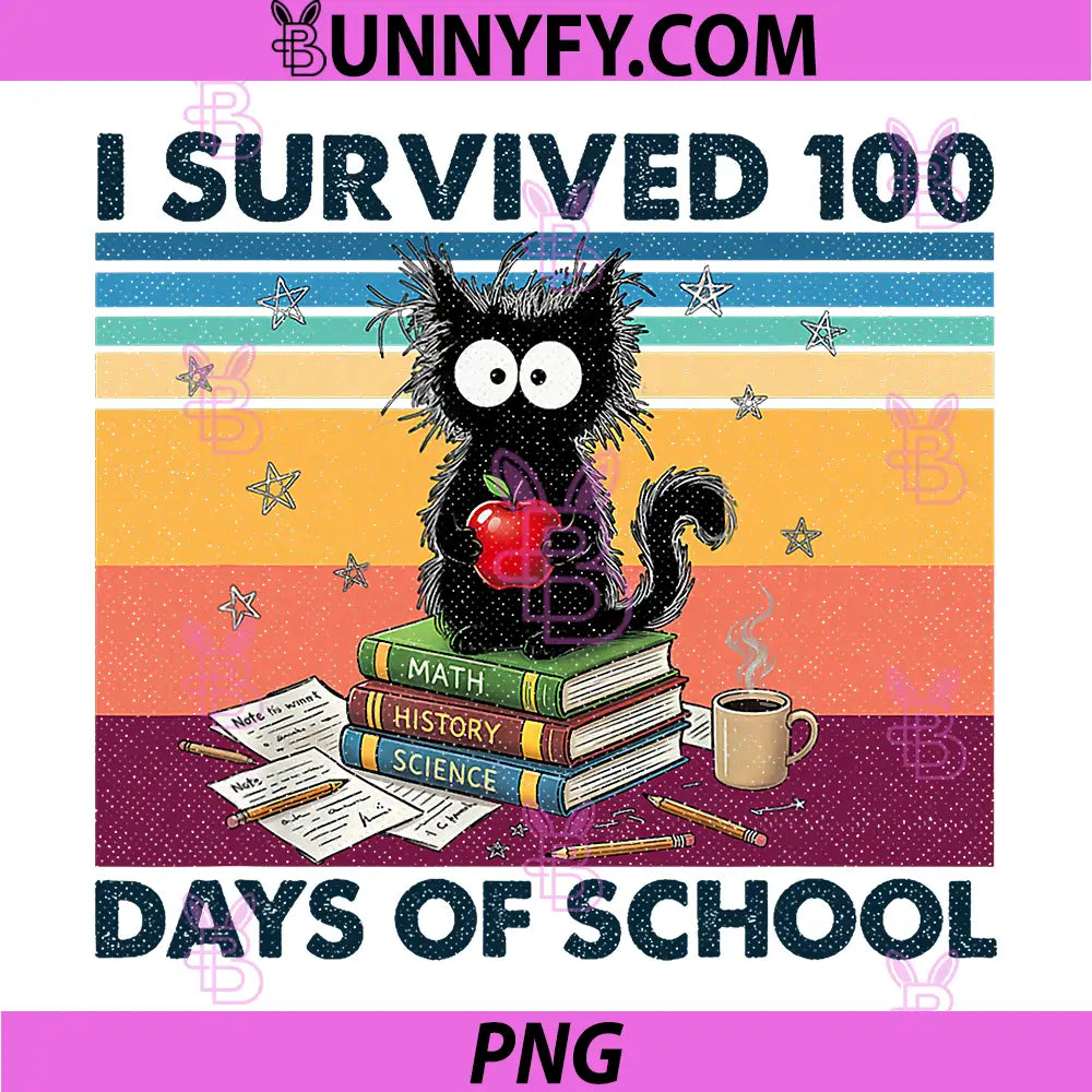 I Survived 100 Days of School PNG, Black Cat Meme PNG 