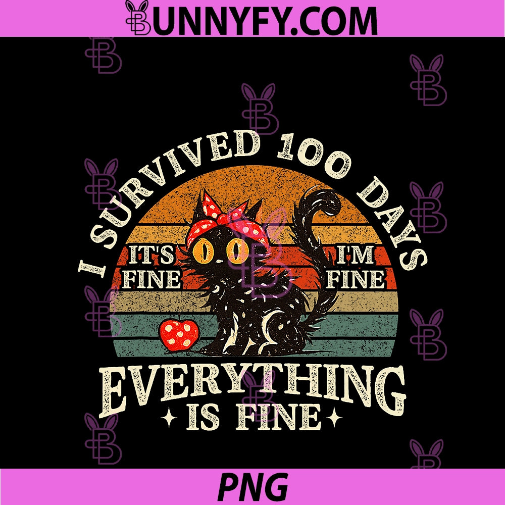 I Survived 100 Days of School Black PNG, Cat Meme Teacher & Kids PNG