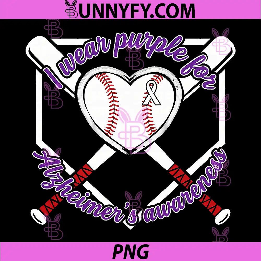 I Wear Purple for Alzheimers Awareness PNG, Baseball Heart Ribbon PNG