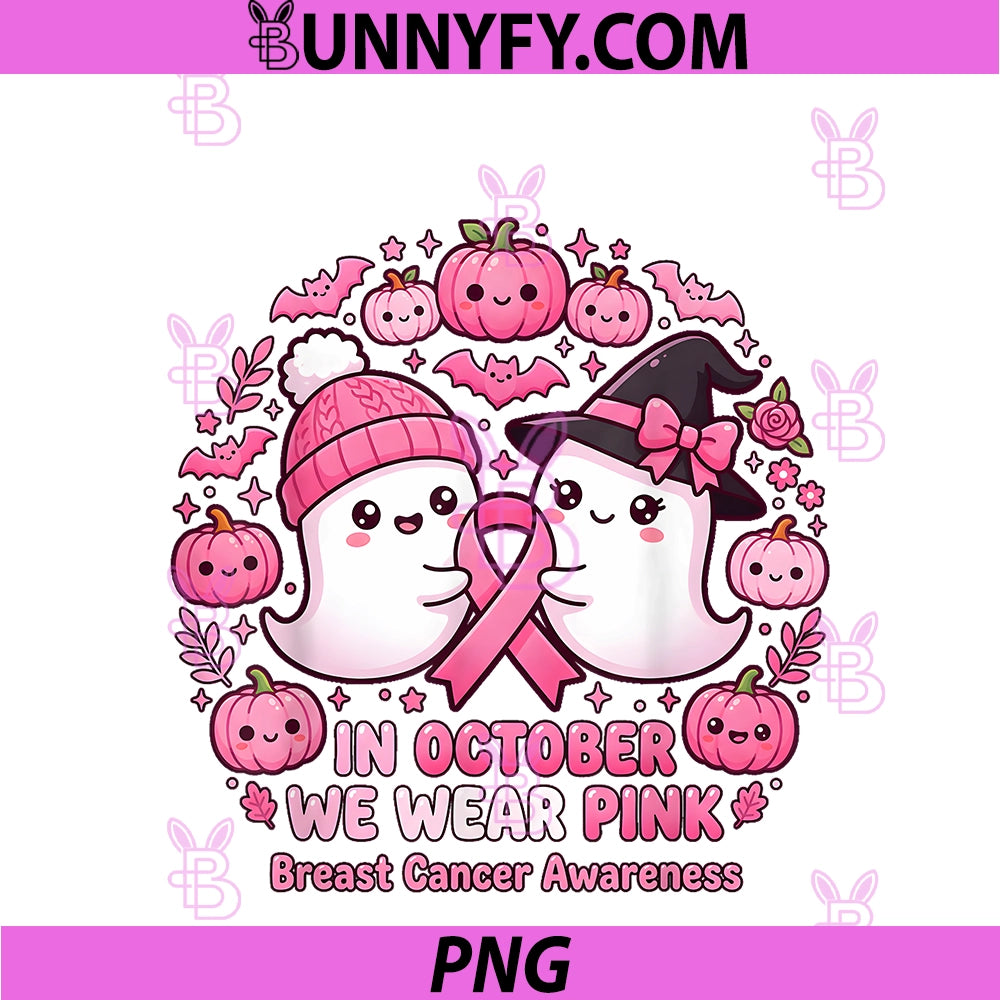 In October We Wear Pink Cute PNG, Ghost Pink Ribbon Halloween PNG