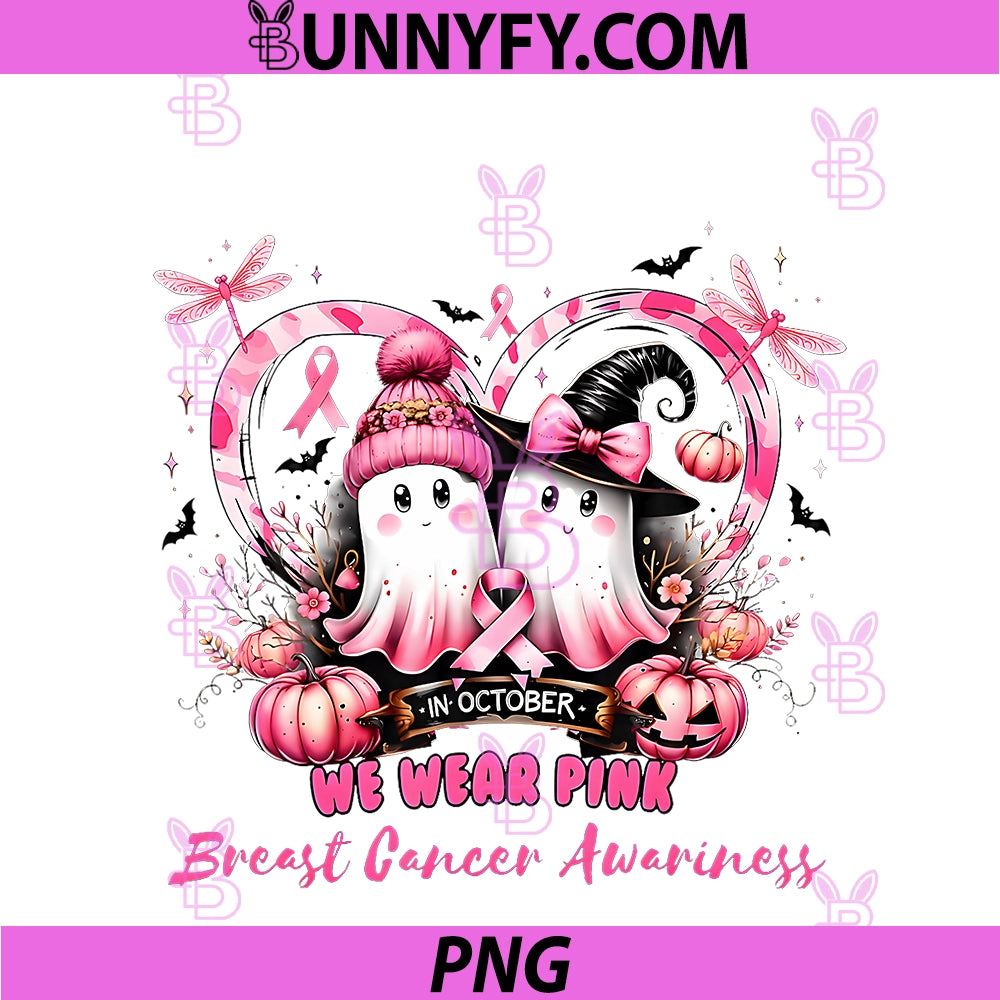 In October We Wear Pink Ghost PNG, Witch Breast Cancer Awareness PNG