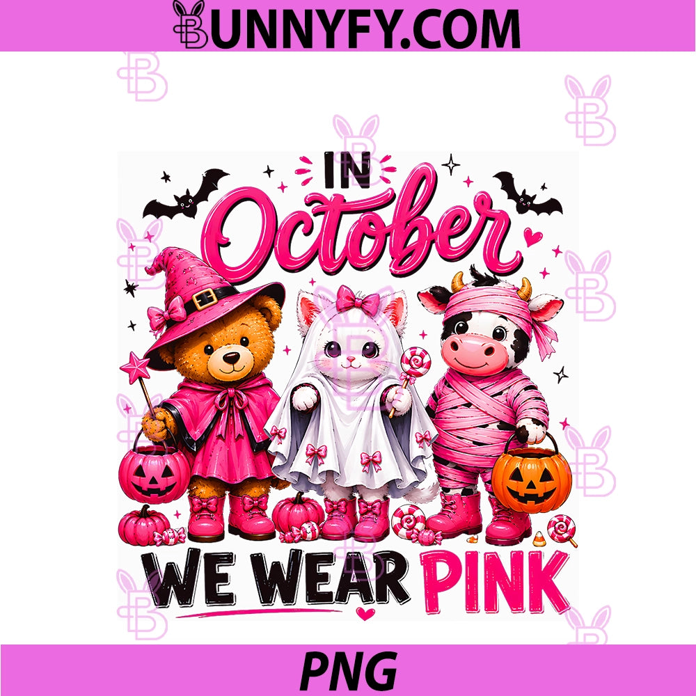 In October We Wear Pink PNG, Breast Cancer Halloween Ghost Cat PNG