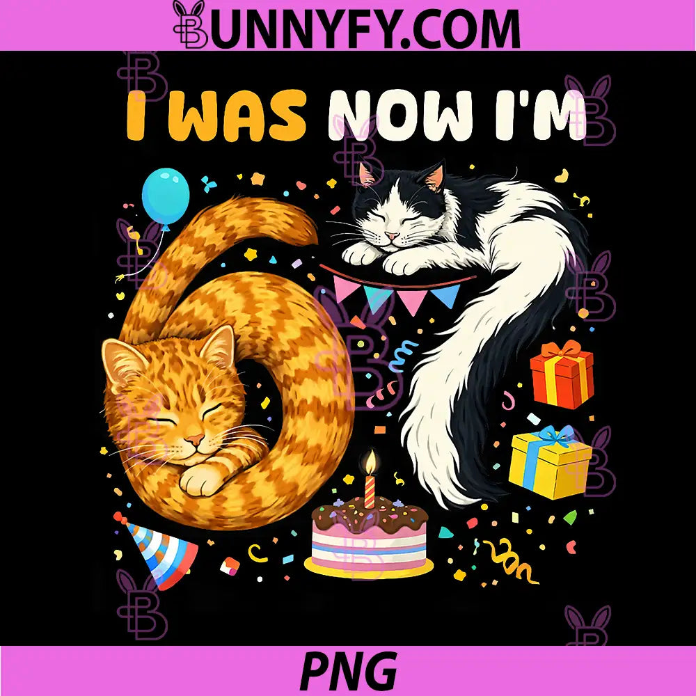 I was 6 Now I'm 7 PNG, Birthday 7 Years Old PNG, Birthday Funny Cats PNG