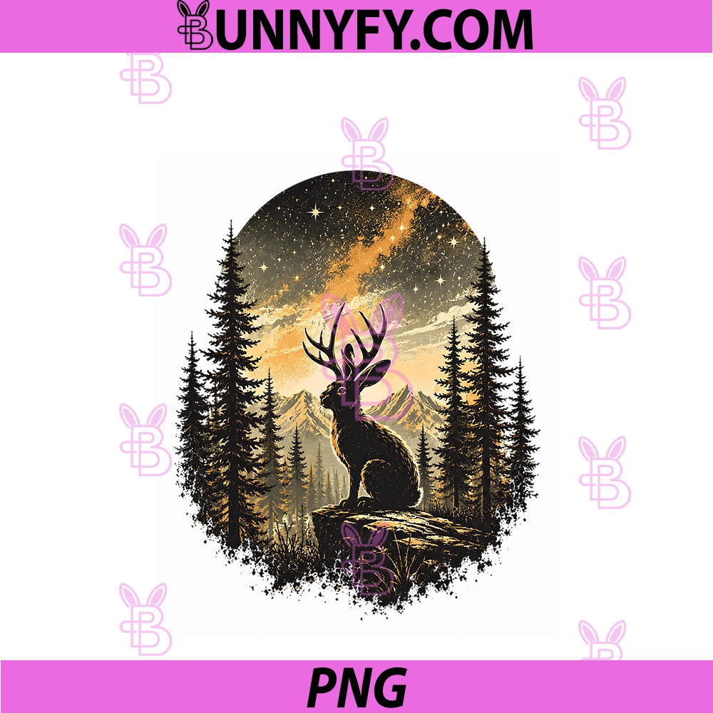 Jackalope Forest PNG, Mountains Night Sky Wildlife Horned Rabbit PNG