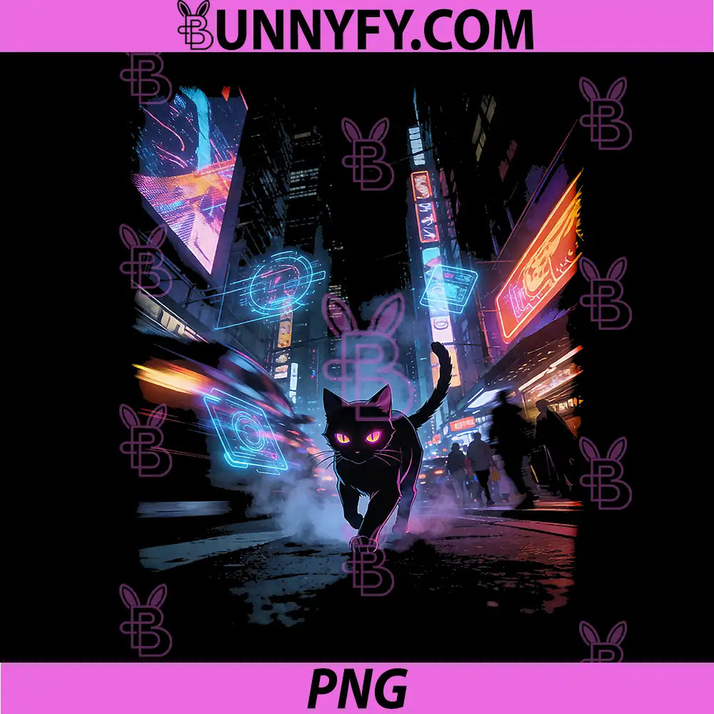 Japanese Anime Cat in Busy PNG, Futuristic City at Night PNG