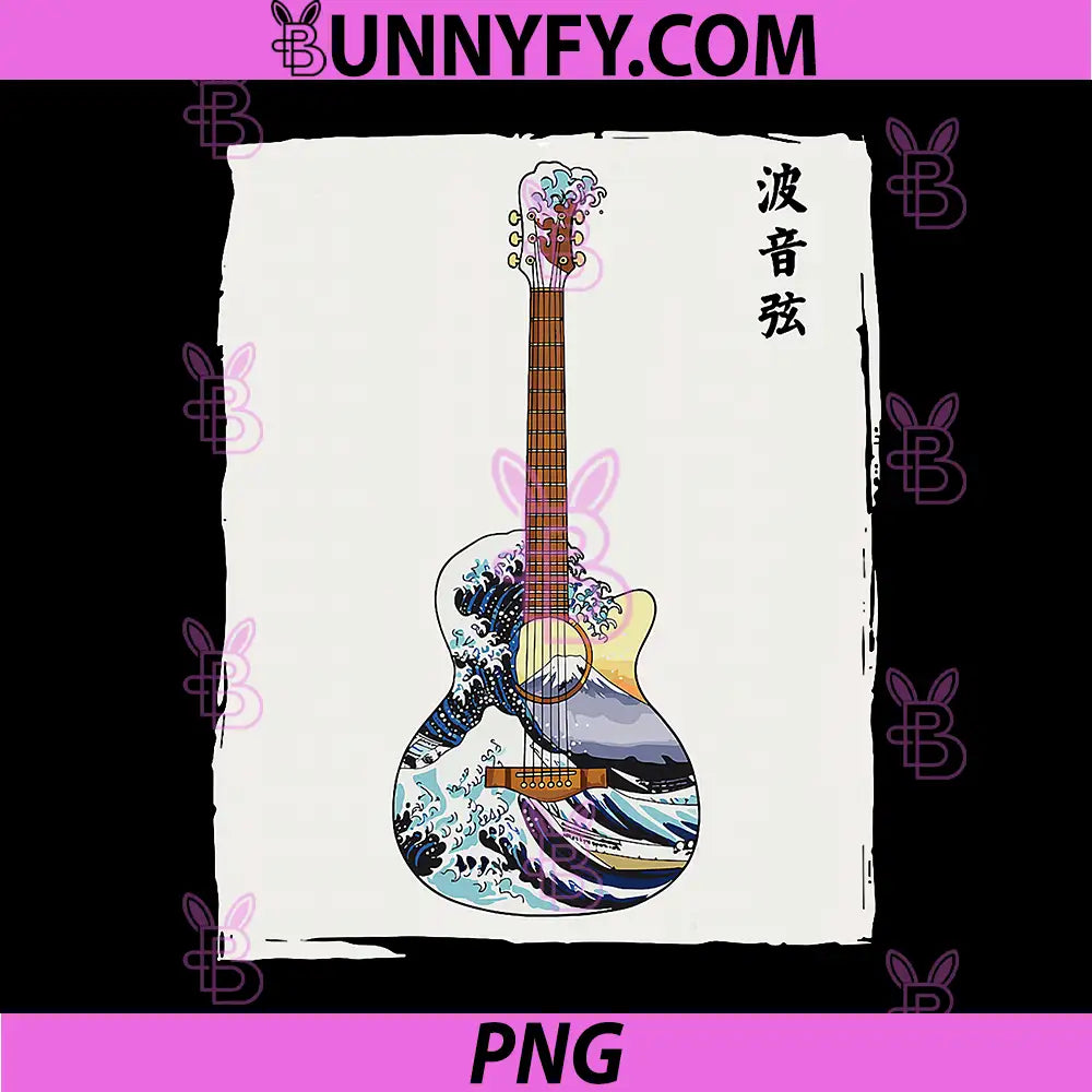 Japanese Wave Guitar Art PNG, Traditional Music Aesthetic PNG