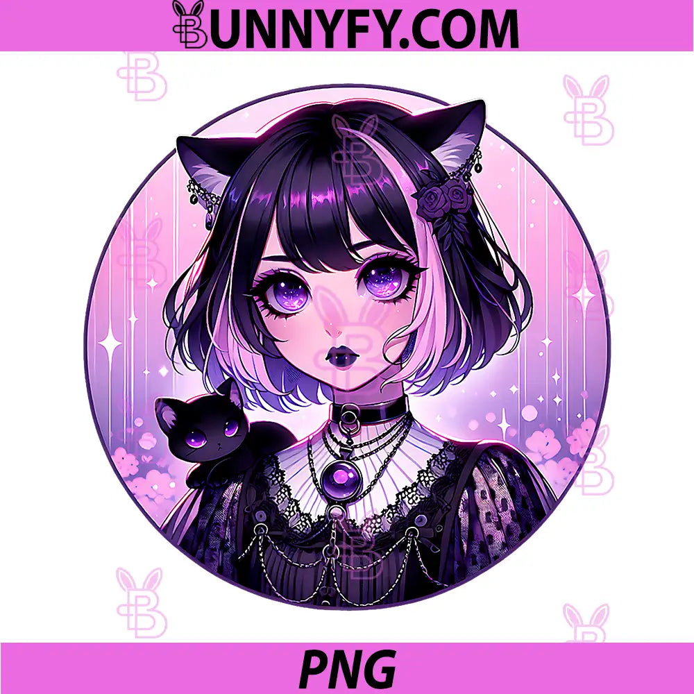 Japanese Gothic Kawaii PNG, Anime Pastel Goth Emo Witchy Cat PNG