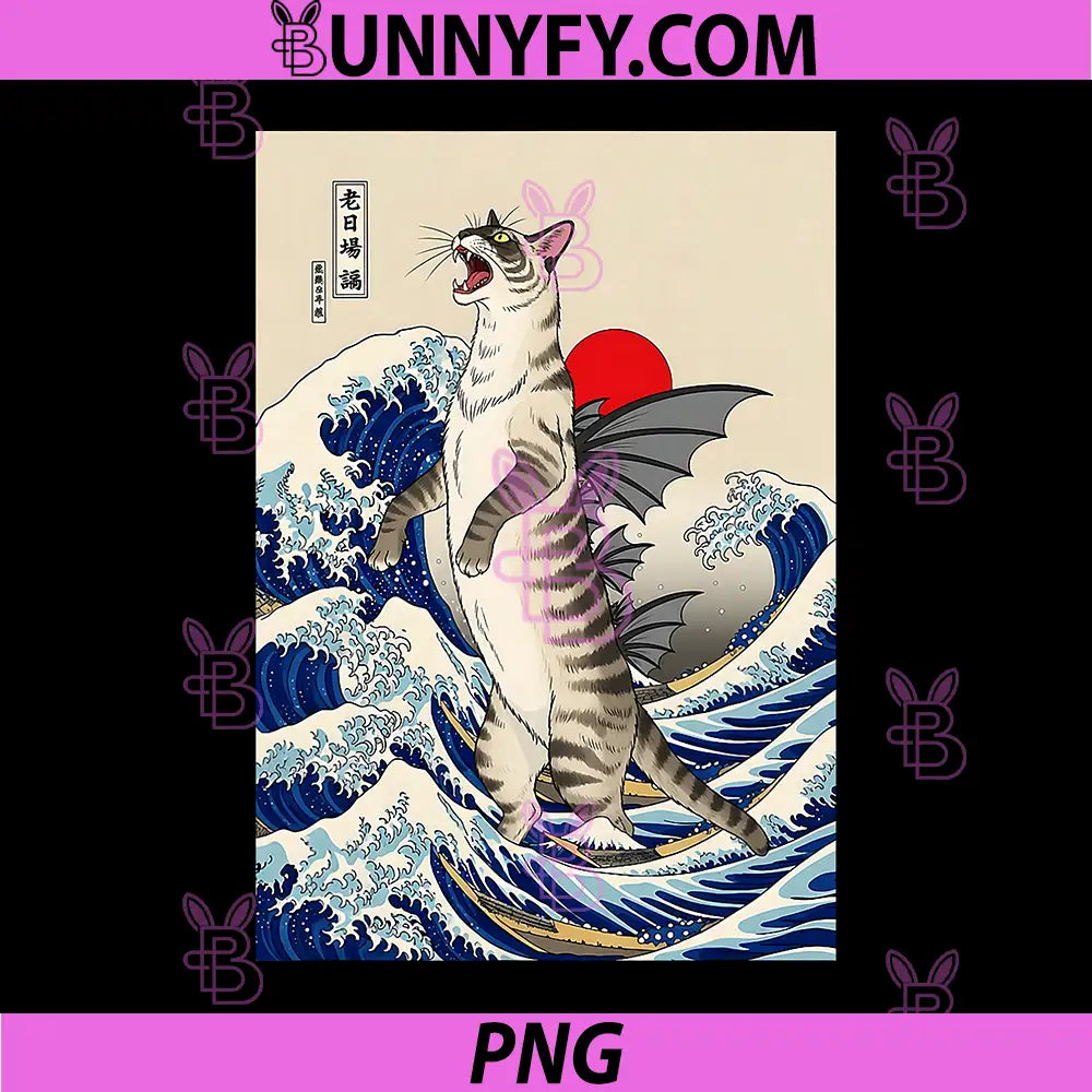 Japanese Kaiju Cat PNG, Monster Rising Ocean Wave PNG