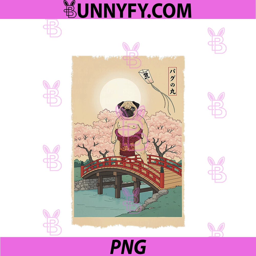 Japanese Sumo Pug Fat Dog Sakura PNG, Cherry Blossom Kanji Art PNG
