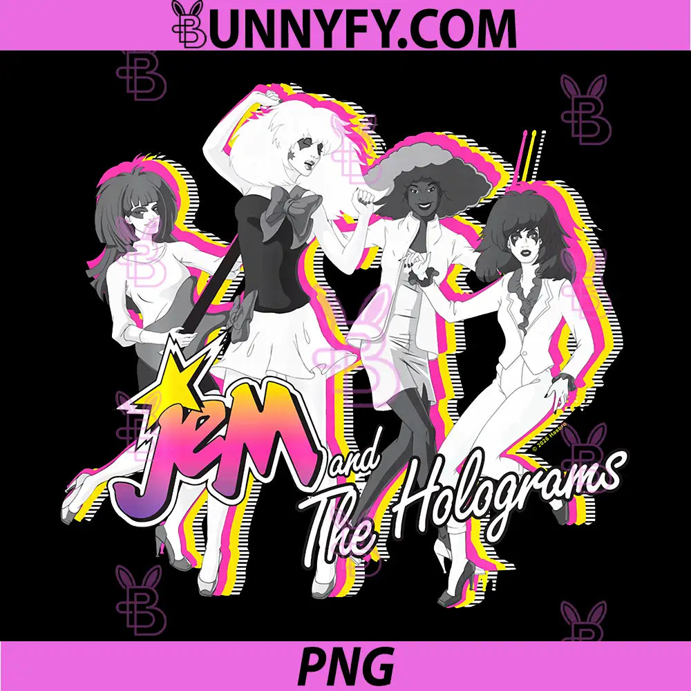Jem and The Holograms PNG, Full Band Colorful Layered Silhouettes Performance PNG