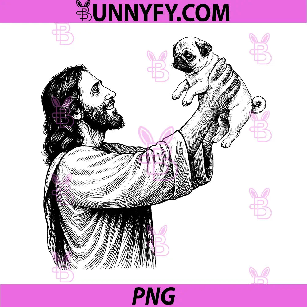 Jesus Holding Pug PNG, Religious Dog Lover PNG