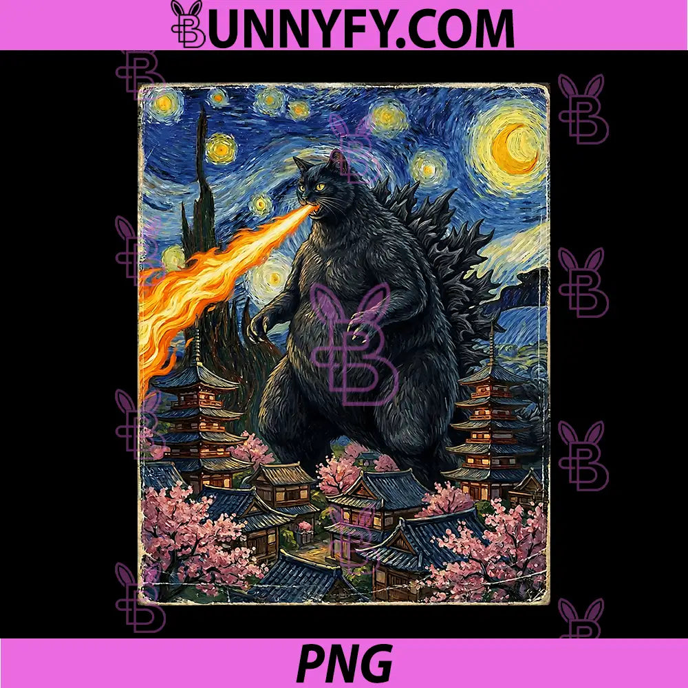 Kaiju Monster Japanese PNG, Catzilla Cat in Van Gogh Starry Night PNG