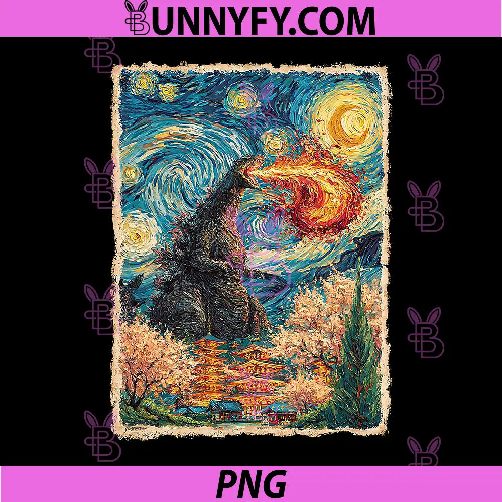 Kaiju Monster Van Gogh PNG, Starry Night Japanese Vintage Art PNG
