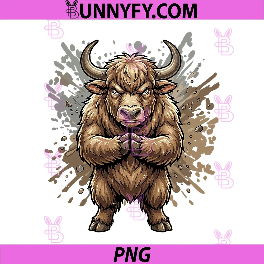Karate Yak High Energy PNG, Highland Cow Fighter Bull PNG