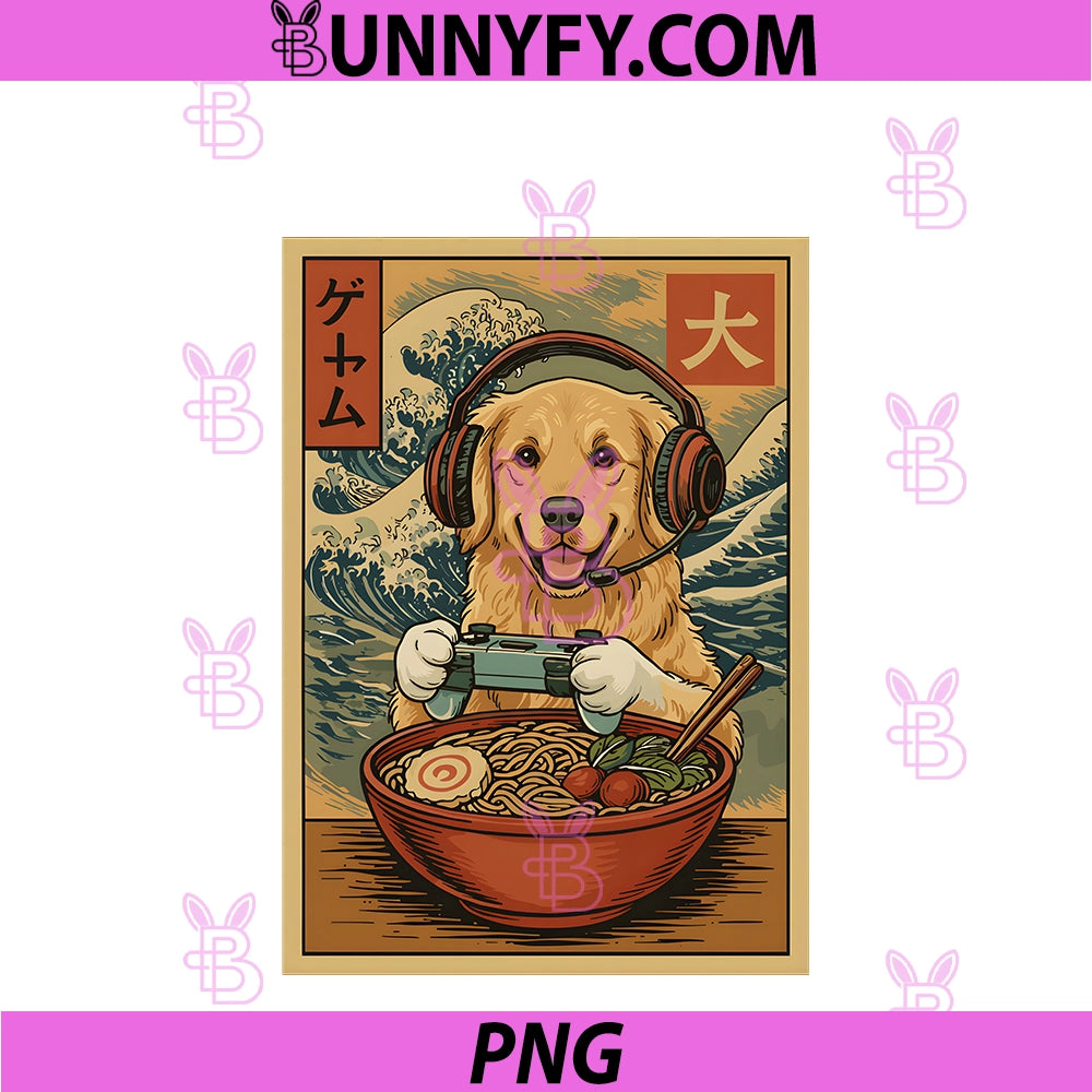 Kawaii Anime Gamer Golden-Retriever Ramen PNG, Retro Japan Gaming PNG