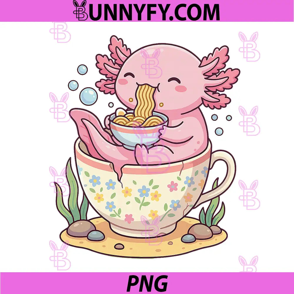 Kawaii Axolotl Teacup Ramen PNG, Anime Aesthetic PNG