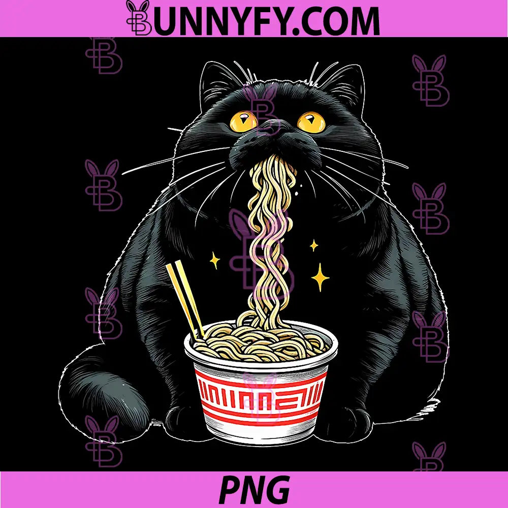 Kawaii Black Fat Cat Eating Ramen PNG, Noodles Funny Kitten Meme PNG