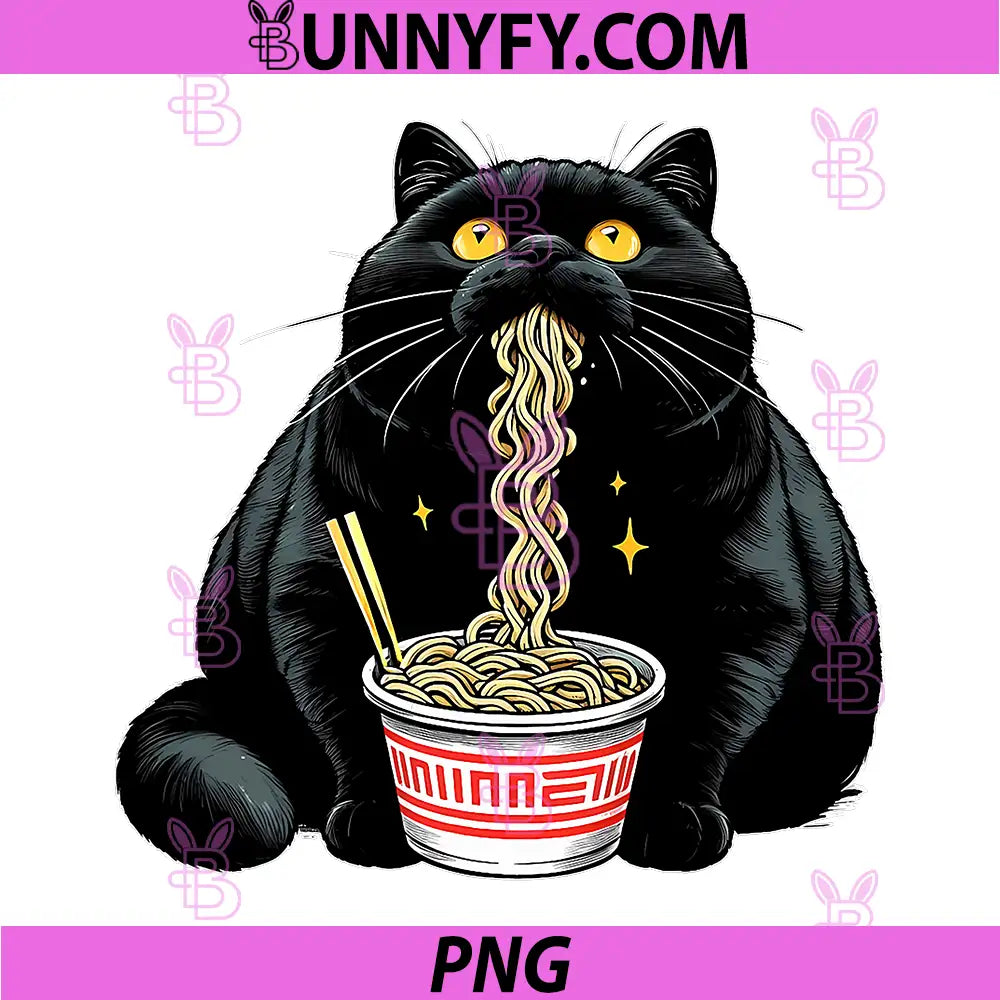 Kawaii Black Fat Cat Eating Ramen PNG, Noodles Funny Kitten Meme PNG
