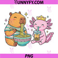 Kawaii Capybara Eating Ramen PNG, Cute Axolotl Bubble Tea Boba PNG