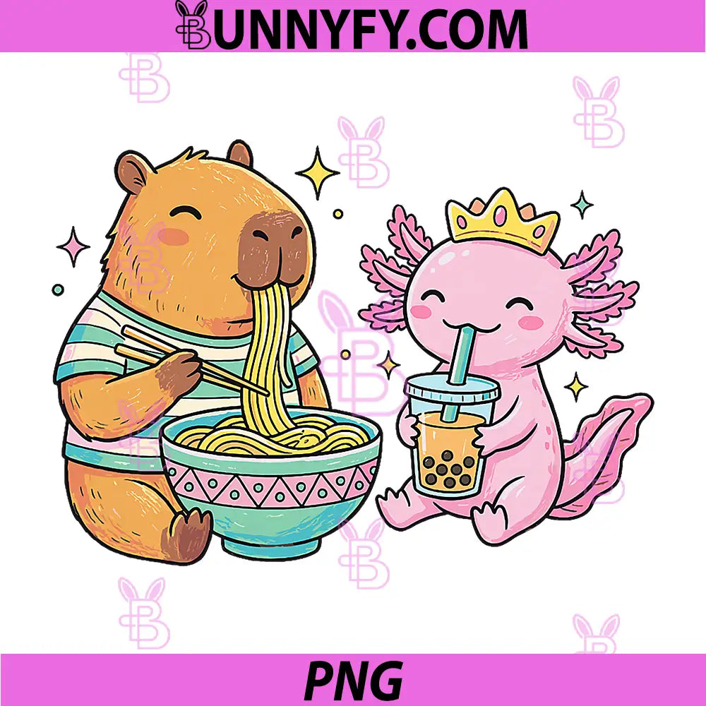 Kawaii Capybara Eating Ramen PNG, Cute Axolotl Bubble Tea Boba PNG