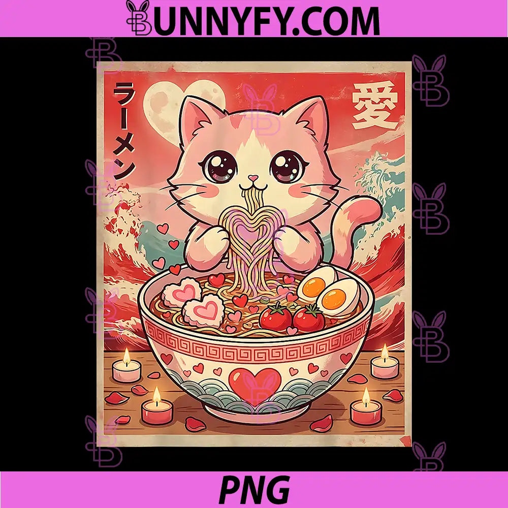 Kawaii Cat with Heart PNG, Noodles Romantic Ramen Art PNG