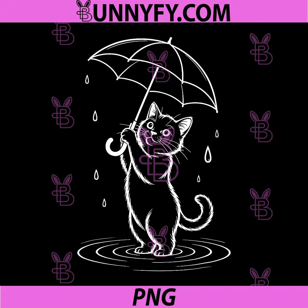 Kawaii Cat With Umbrella In Rain PNG, Cute Cartoon Cat Rainy Day Design PNG