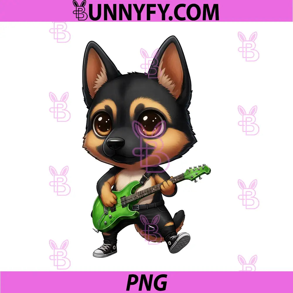 Kawaii Chibi Funny PNG, German Shepherd Dog Guitarist Rocker PNG