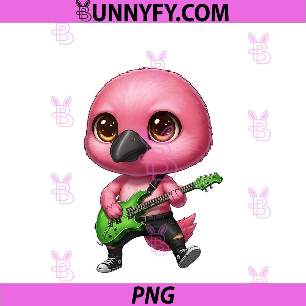 Kawaii Chibi PNG, Funny Flamingo Bird Guitarist Rocker PNG