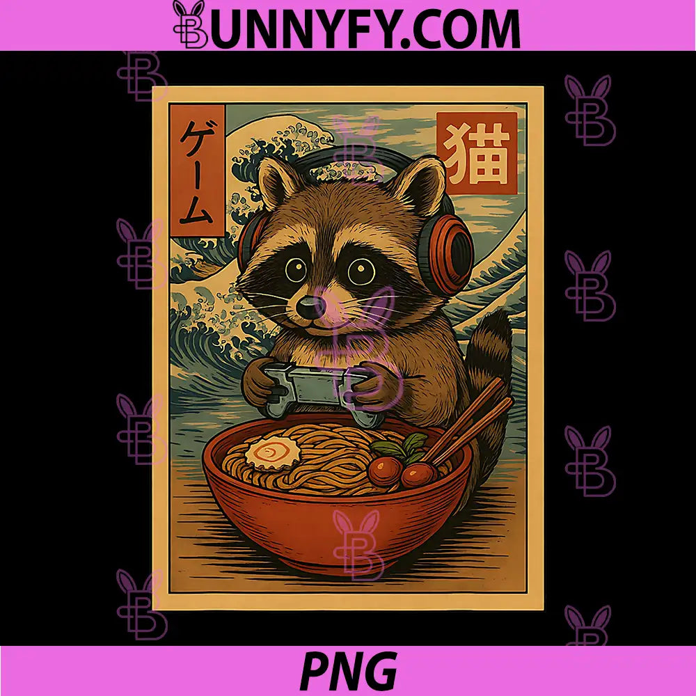 Kawaii Gamer Raccoon Funny PNG, Ramen Retro Japanese Raccoon PNG