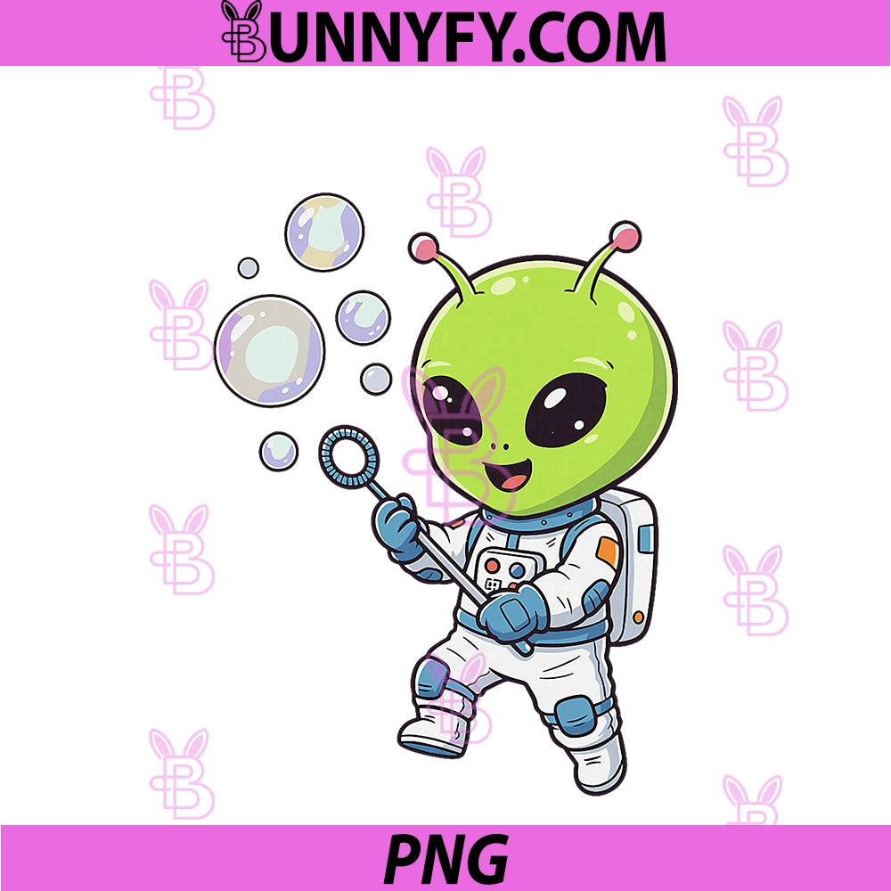 Kawaii Green Alien PNG, Astronaut Blowing Bubbles PNG