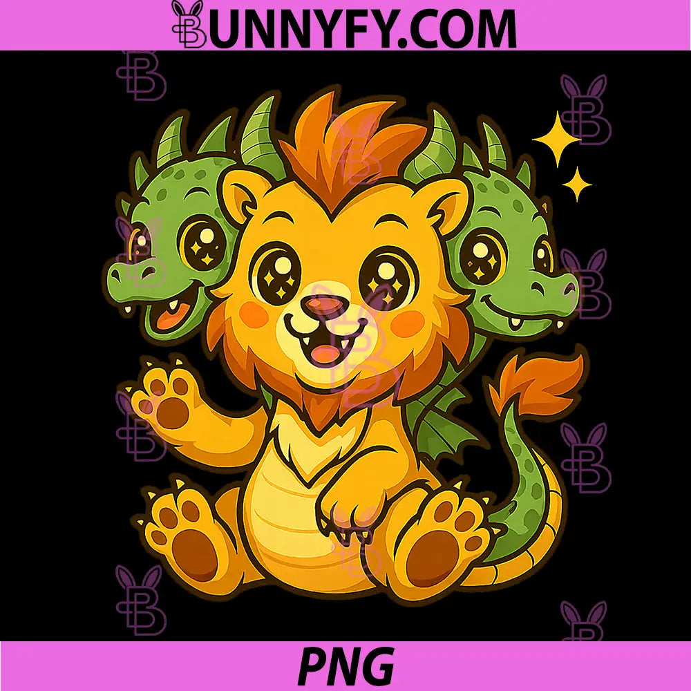 Kawaii Hydra Lion Three PNG, Headed Baby Creature Chibi PNG