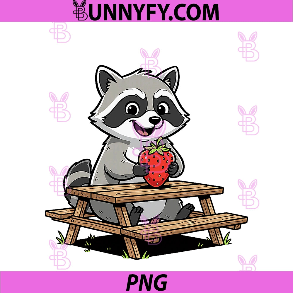 Kawaii Raccoon Eating PNG, Strawberry At Picnic Table PNG