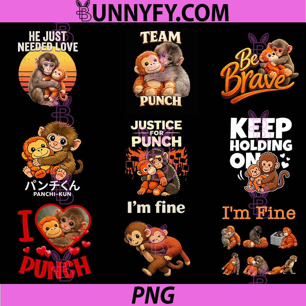 Keep Holding On PNG Bundle, Cute Heart Hug Baby Monkey Punch PNG
