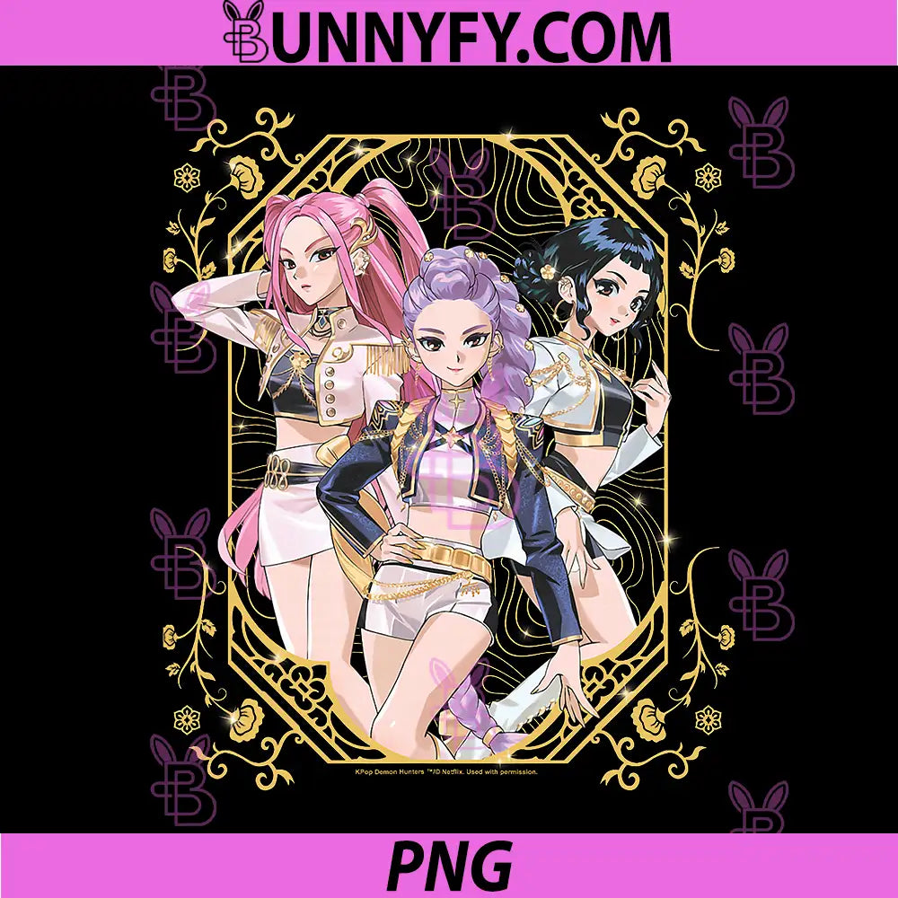 Kpop Demon Hunters PNG, Huntrix Zoey Mira & Rumi Golden Flowers PNG