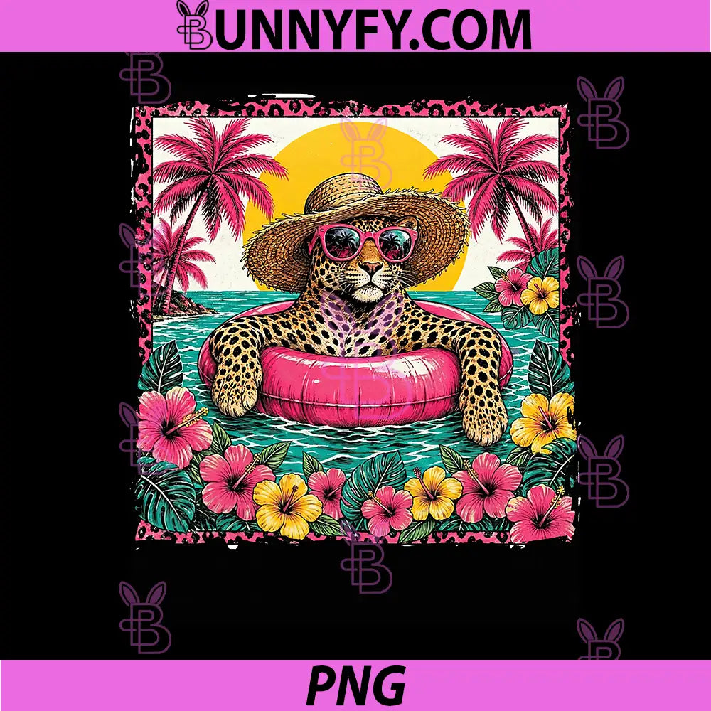 Leopard Summer Vibes PNG, Tropical Flowers Beach Vacation Palm PNG