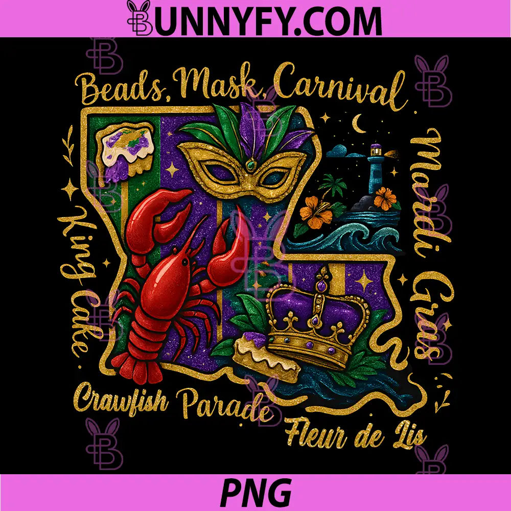 Louisiana Mardi Gras Map PNG, Beads Mask Crawfish Crown Fun PNG