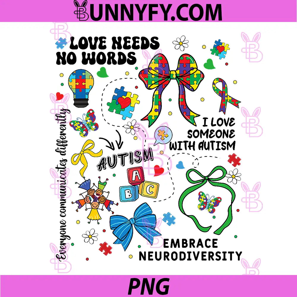 Love Needs No Words PNG, Bow Puzzle Ribbon PNG, Funny Autism Awareness PNG