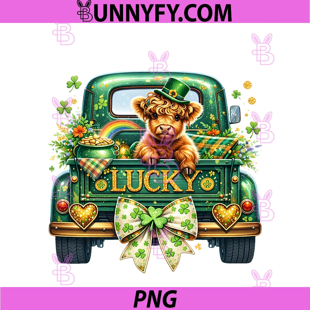 Lucky Highland Cow PNG, St Patricks Day Shamrock Truck Funny PNG