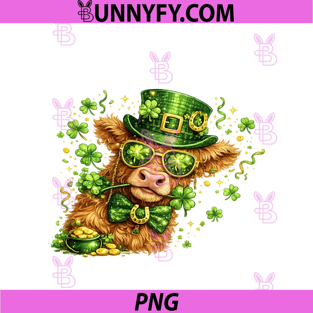 Lucky Highland Cow St Patricks Day PNG, Shamrock Sunglasses Funny PNG