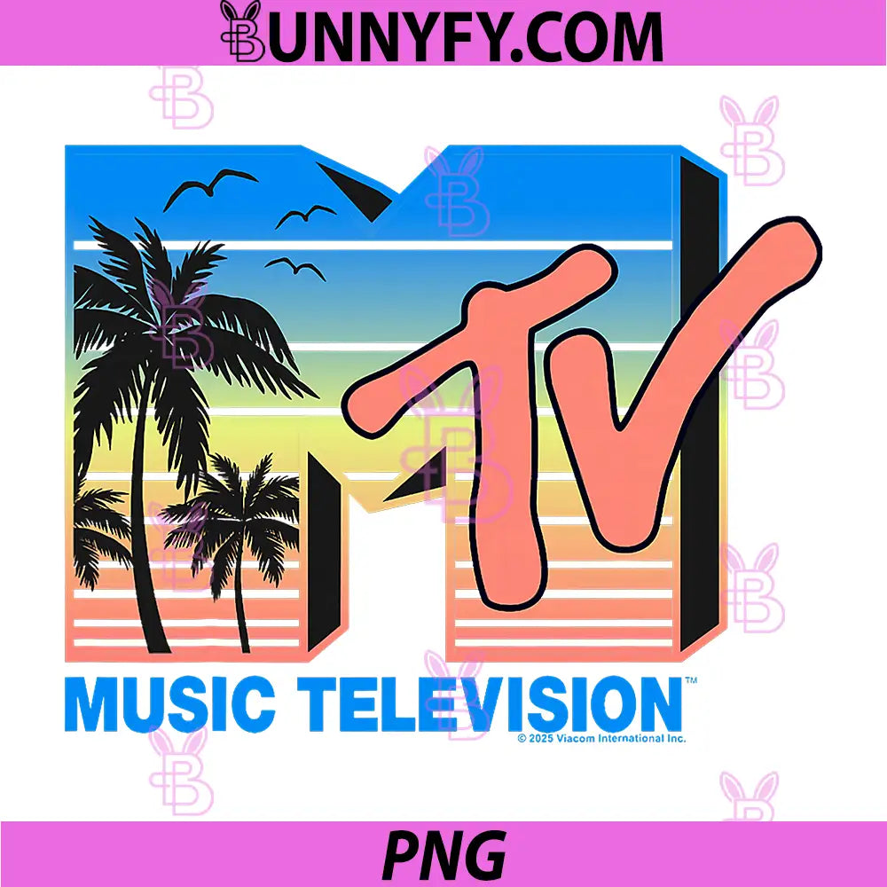 MTV 80s Retro Sunset Logo PNG, Music Television Palm Tree Design PNG