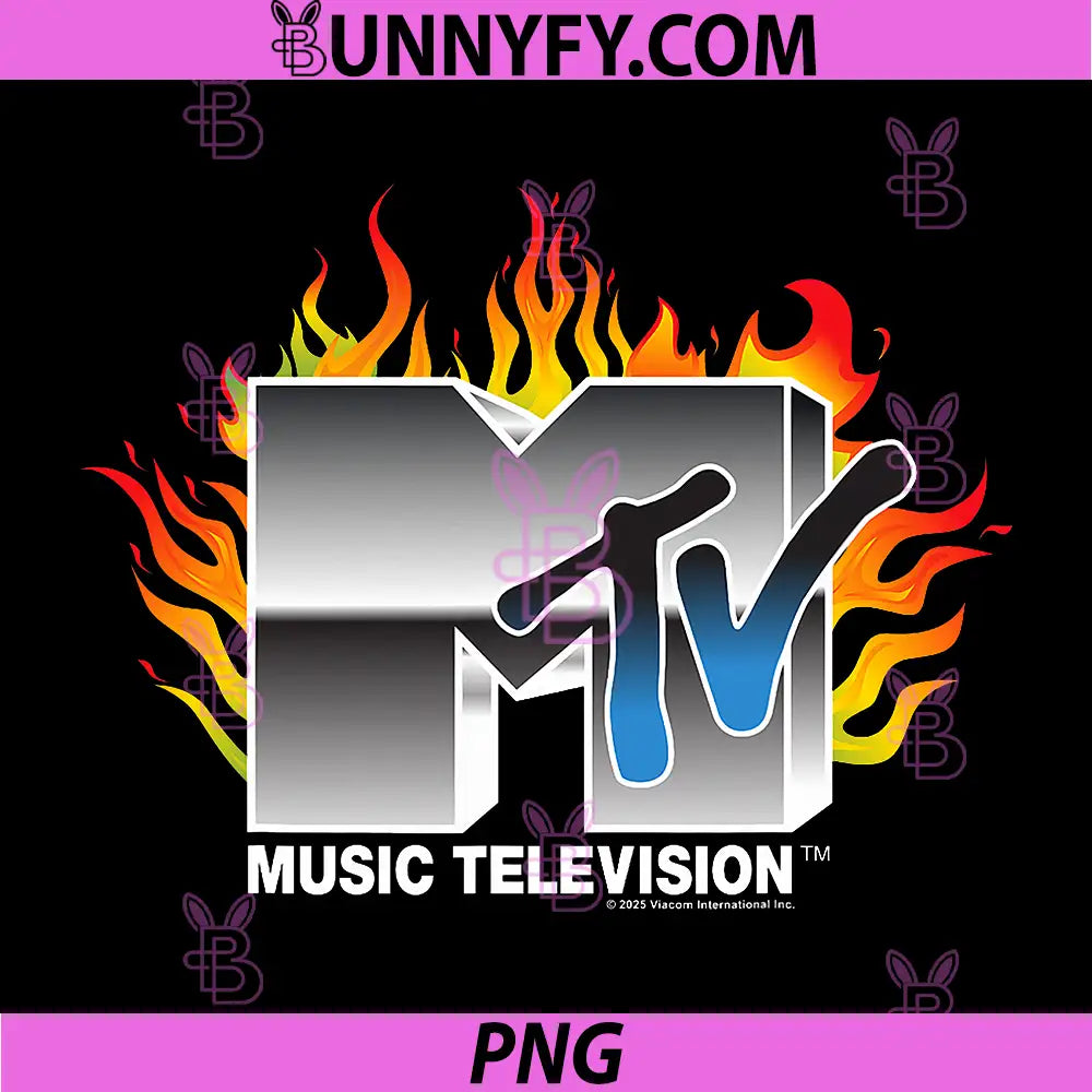 MTV Music Television PNG, Chrome Logo with Flames PNG
