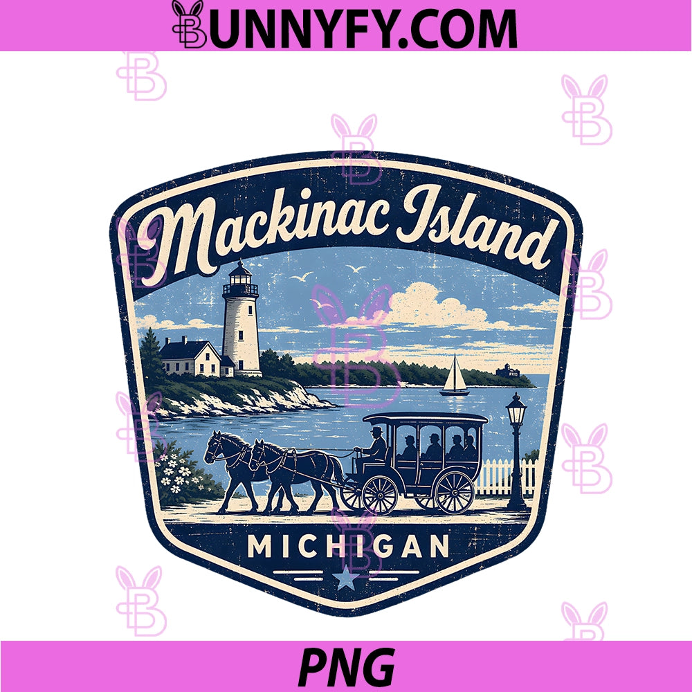 Mackinac Island Michigan PNG, Vintage Lighthouse Horse Carriage PNG