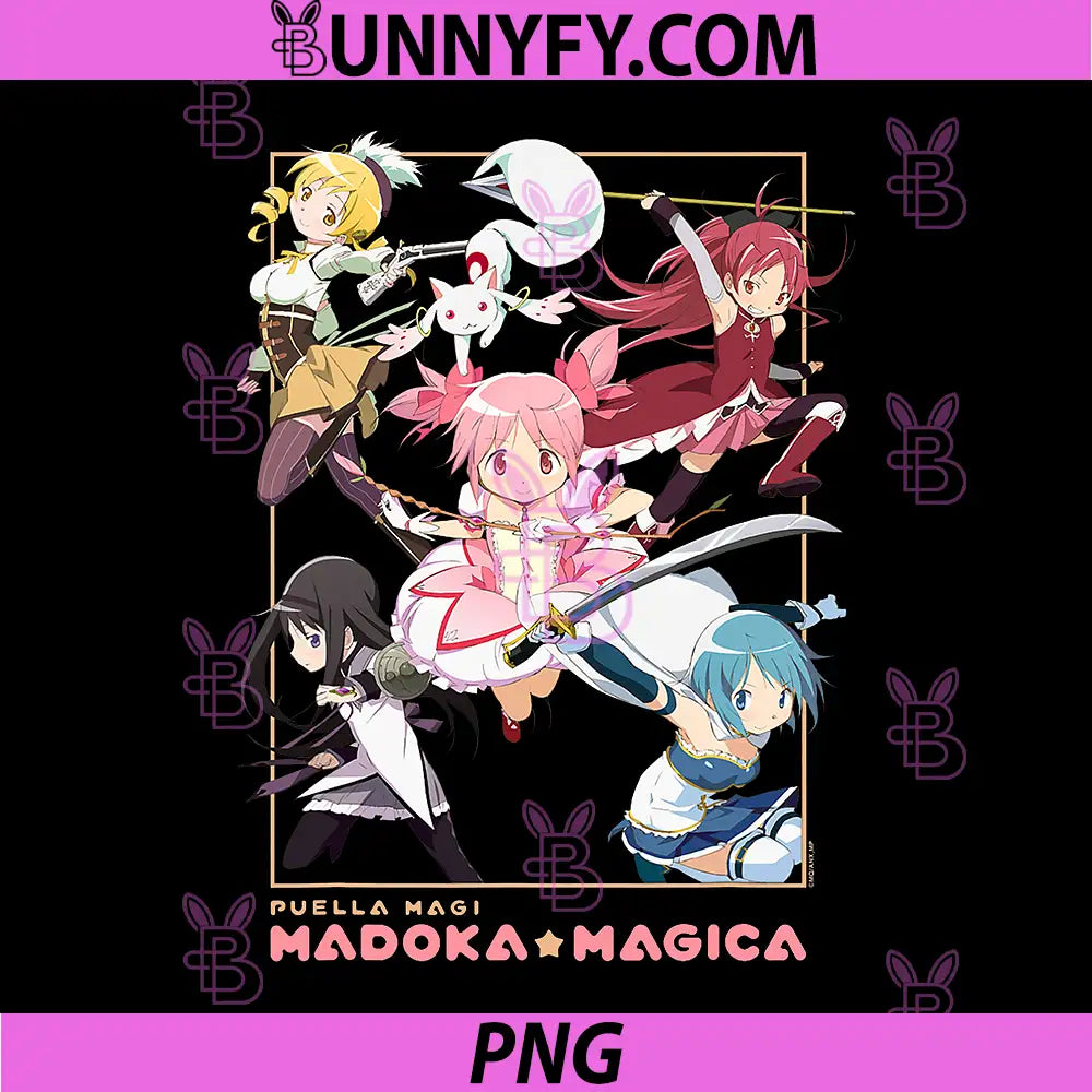 Madoka Magica Character Group PNG, Action Pose Anime PNG