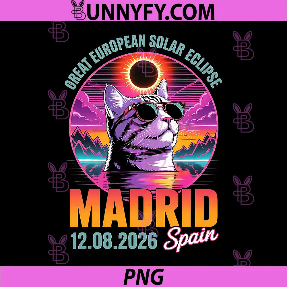 Madrid Great European Solar Sun PNG, Eclipse 2026 Retro Cat Art PNG