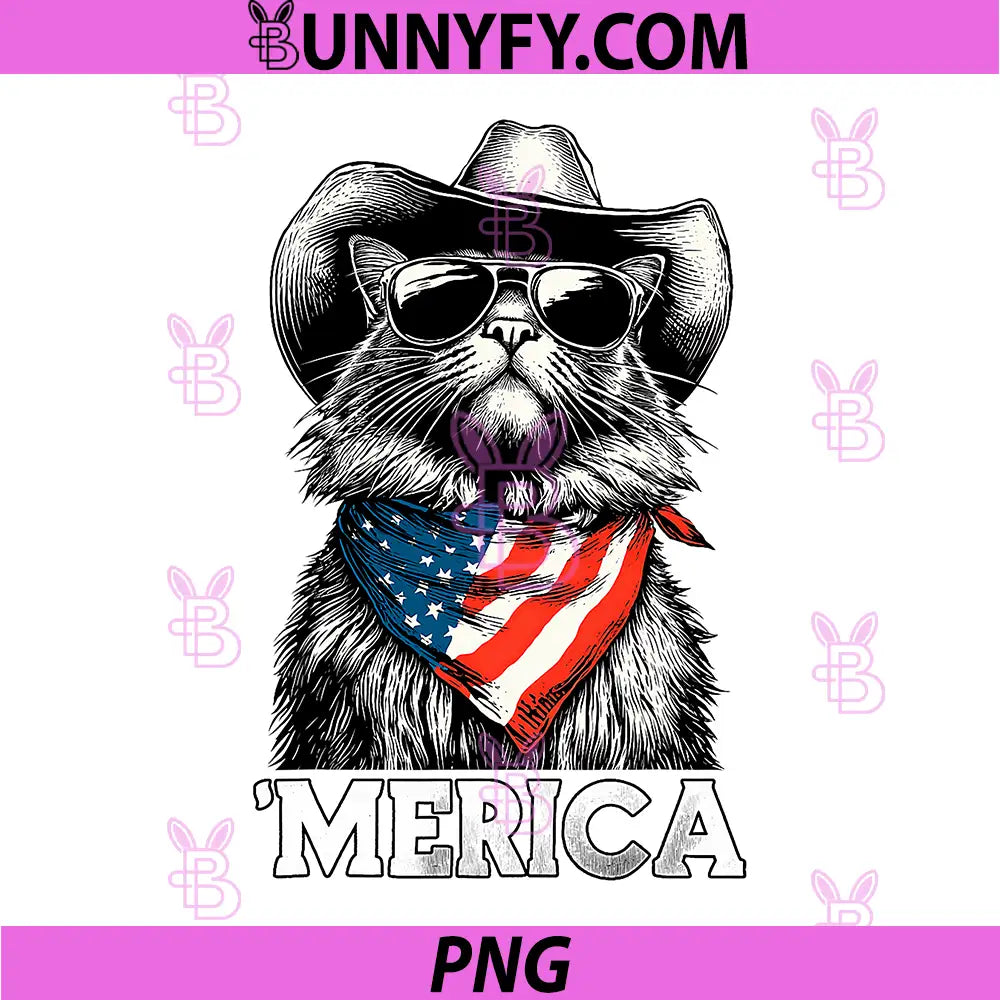 Maine Coon Cat American Flag PNG, Bandana Cowboy Hat Sunglasses PNG