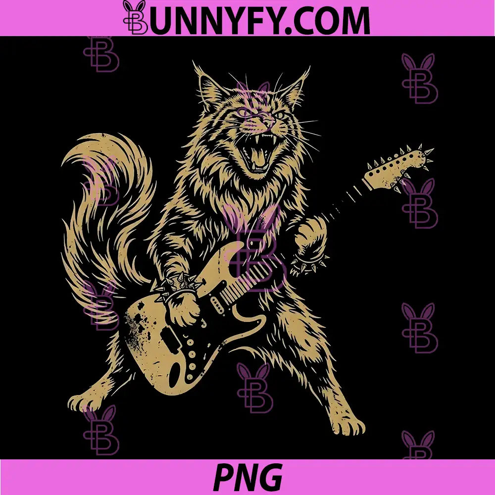 Maine Coon Cat Playing Guitar PNG, Rock Star Rock and Roll PNG